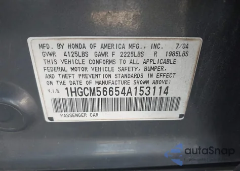 2004 Honda Accord 2.4 Ex из США, поврежденный, VIN 1HGCM56654A153114